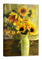 Tablou luminos in intuneric, GlowforHome, Vaza verde cu flori de Floarea-soarelui langa pictura in ulei cu aceiasi tema floarea soarelui, 120 cm x 80 foto