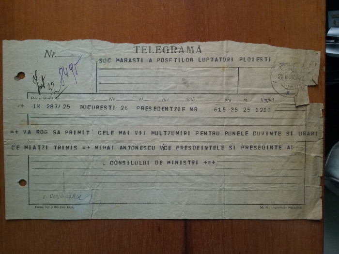 1942-Telegr.-Soc.Marasesti- M.Antonescu,vice pres.si Pres. Cons.de Min.-FRARA
