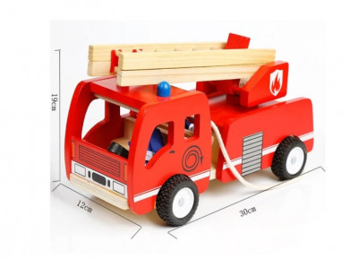 Masina de pompieri din lemn,Montessori,2figurine,scara extensibila,furtun de apa foto