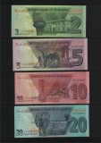 Zimbabwe: Set 4 Bancnote Hibrid 2, 5, 10, 20 Dolari (Dollars) 2019-2020, UNC, Colectie Bancnote