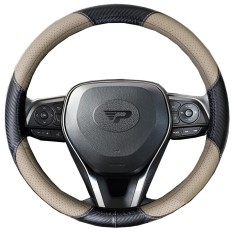 Husa volan Panda, tip fibra carbon negru cu insertii piele ecologica perforata bej, 38 cm