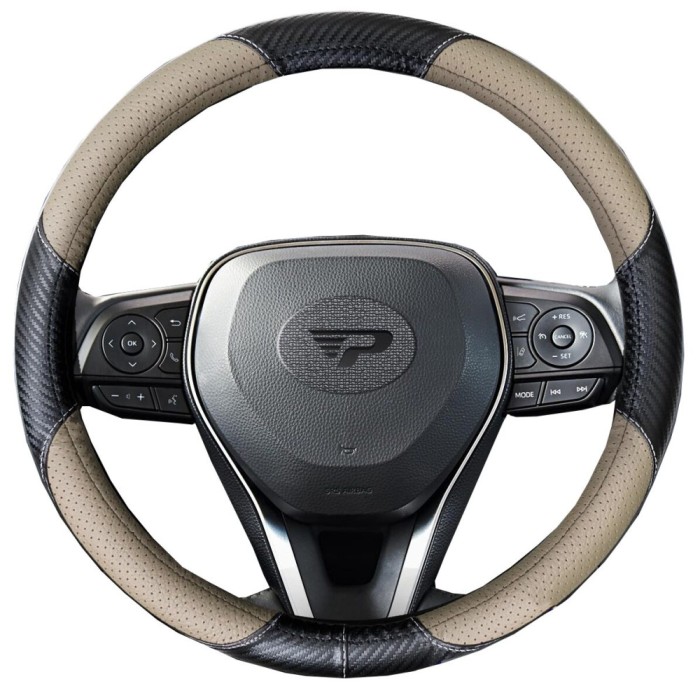 Husa volan Panda, tip fibra carbon negru cu insertii piele ecologica perforata bej, 38 cm Automobile ProTravel