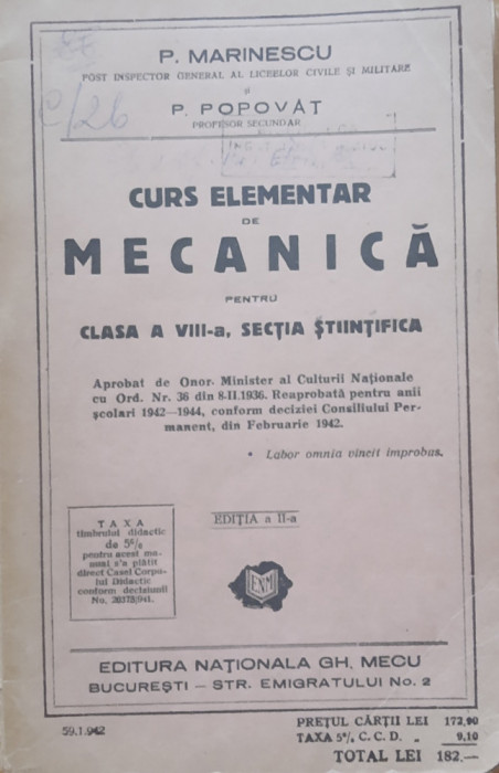 CURS ELEMENTAR DE MECANICA PENTRU CLASA VIII* SECTIA ȘTIINȚIFICĂ - P. MARINESCU