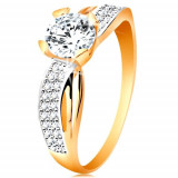 Inel de logodnă din aur de 14K - zirconiu rotund şi transparent, decupaje &icirc;nguste - Marime inel: 49