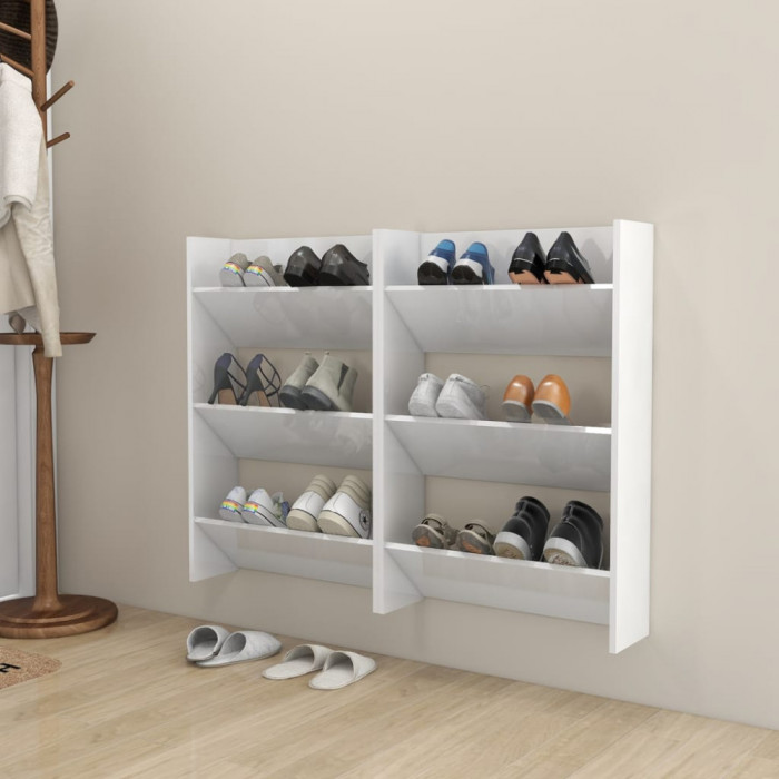 Pantofare de perete, 2 buc., alb extralucios, 60x18x90 cm, PAL