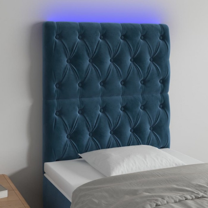 Tăblie de pat cu LED, albastru &icirc;nchis, 80x7x118/128cm, catifea