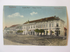 Rara! Carte postala necirc.1918 Careii Mari(Satu Mare)-Piata Uniriei,magazine foto