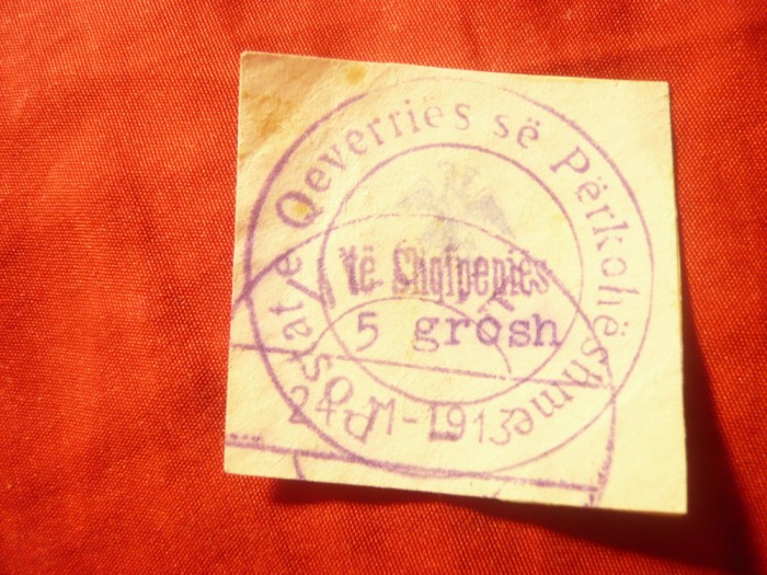 Timbru Albania 1913 - 5 gr. violet stampilat , urma fragnent pe verso
