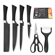 Set 6 Cutite de Bucatarie, Lame Ascutite, Foarfeca, Curatator Fruncte/Legume, Maner Ergonomic, Otel Inoxidabil, Non-Toxic, Negru