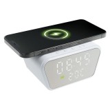 Ceas de masa, cu suprafata de incarcare a dispozitivelor WI-FI, monitorizare temperaturii, afisare a timpului, alarma, din PVC, alb