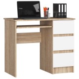 Birou computer cu 3 sertare si raft pentru tastatura, dreapta, 90x50x77 cm, stejar sonoma si alb Household NewTrend, Akord Furniture Factory