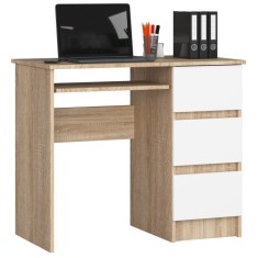 Birou computer cu 3 sertare si raft pentru tastatura, dreapta, 90x50x77 cm, stejar sonoma si alb Household NewTrend