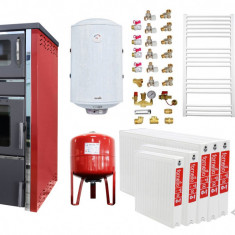 Pachet incalzire si apa calda 4 camere Termosemineu FORNELLO AVANOS 32 kw Red pe combustibil solid lemn,carbune,bricheti , cos inox, boiler termoelect