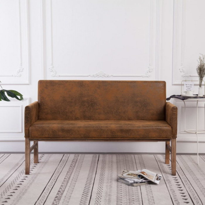 vidaXL Bancă cu brațe, maro, 140 cm, piele &icirc;ntoarsă ecologică 281338
