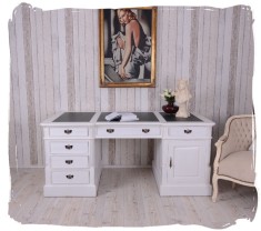 Birou mare din lemn masiv alb cu tapiterie neagra MAR022