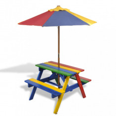 vidaXL Masă de picnic pentru copii cu bănci &amp; umbrelă, lemn multicolor