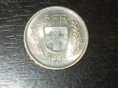 Moneda argint 5 franci Elvetia 1969, stare foarte buna foto