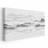 Tablou pictura peisaj munte in ceata alb negru 1813 Tablou canvas pe panza CU RAMA 40x80 cm