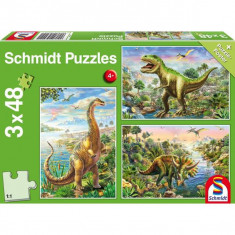 Puzzle Schmidt: Aventurile dinozaurilor, set de 3 puzzle-uri x 48 piese + cadou: poster