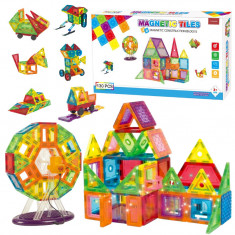 Set de Constructie, Magnetic Tiles 3D, 130 Piese colorate, Jucarie Creativa si Educationala STEM VisionHub®, multiple forme de constructie, Dezvoltare