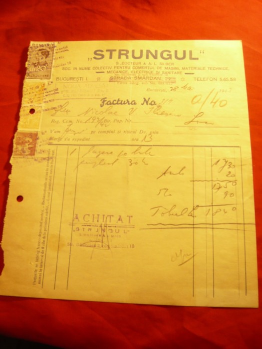 Factura cu Antet Firma Strungul 1942 Bucuresti - Comert cu masini si mat.tehnice