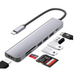 Hub USB Type-C 7 in 2, Axeloni &reg;, multiport 2 x USB 2.0, 1 x USB 3.0 5Gbps, HDMI 4K 30Hz, Card reader TD si SD Card, USB Type-C PD 100W, Gri