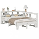 VidaXL Pat cu bibliotecă fără saltea, alb, 140x190 cm, lemn masiv pin 3324551