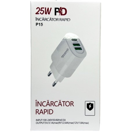 Incarcator priza 25W,incarcare rapida, 2x USB, 1x USB C - Alb