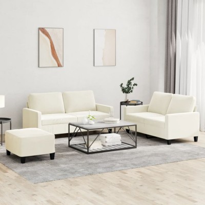 vidaXL Set de canapele cu perne, 3 piese, crem, catifea foto
