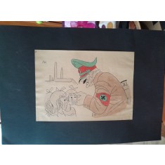 Caricatura, desen original in penita si ceracolor, semnata Iosif Ross 1899 - 1974, Hitler vorbind copiilor, cu paspartu