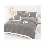 Cumpara ieftin Lenjerie de Pat din Catifea, pentru Pat Dublu, 4 Piese, Gri cu Margine Alba - FR147