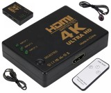 Splitter HDMI cu telecomanda, 3 porturi, full HD, 4K, 19 pini, 50/60Hz, 5V, 80g, 8 x 5,7 x 1,7cm, negru