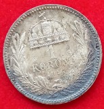 (A301) MONEDA ARGINT UNGARIA - 1 KORONA 1915, FRANZ JOSEPH, STARE FRUMOASA, LUCIU DE BATERE, PATINA SUPERBA