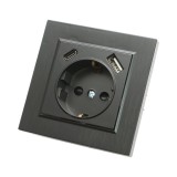 Priza schuko neagra incastrata 220V, 16A, 2xUSB A+C 5V 2.1A, ABS 80x80mm