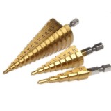 Set 3 burghie pentru metal, tip freza in trepte, din otel si titan, dimensiuni 4-10mm, 4-20mm, 4-32mm, auriu