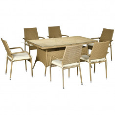 Set mobilier gradina/terasa, PE, ratan, otel, bej, 1 masa, 6 scaune, Dorothy