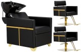 Set scafă coafor Montreal, unitate de spălare, 2 scaune hidraulice pivotante, suport pentru picioare, bol ceramic, accesorii