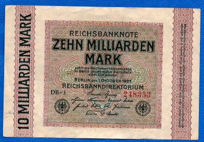 (4) BANCNOTA GERMANIA - 10 MILLIARDEN MARK 1923 (1 OCTOMBRIE 1923), UNIFATA foto