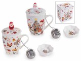 Set 2 cani, 2 infuzoare ceai, 2 farfurioare Craciun portelan multicolor &Oslash; 8,5 cm x 10,5 H, 350 ml