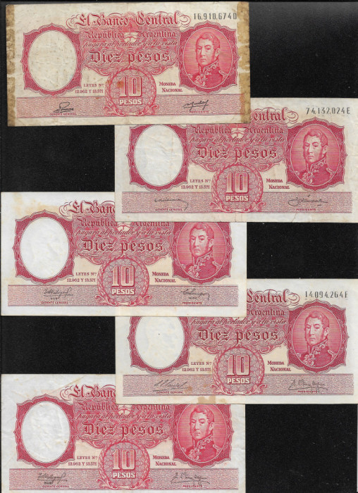 Set Argentina 5 x 10 pesos 1954(62) semnaturi diferite