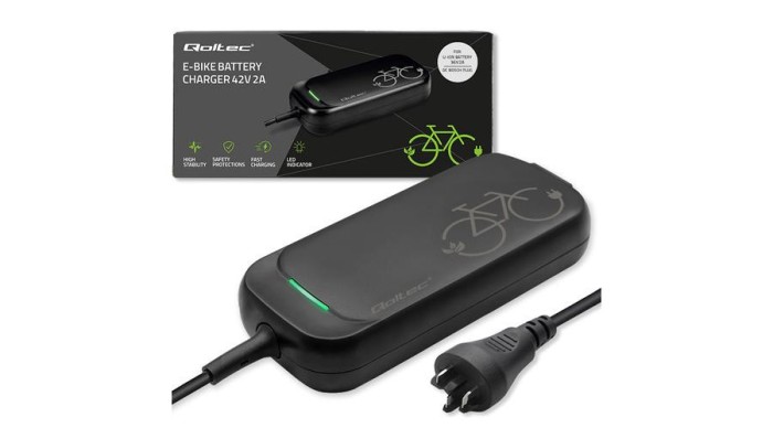 &Icirc;ncărcător rapid Qoltec pentru bicicletă electrică Bosch 36V | 42V | 2A | mufă Bosch | rezistent la apă + cablu de alimentare