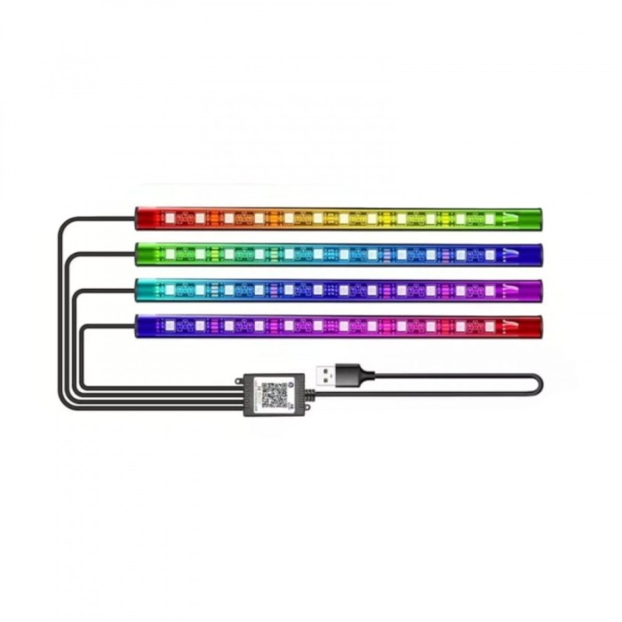 Lumini Ambientale Auto Kit interior cu 12 LED-uri RGB cu Conectare prin USB si Control din Aplicatie Intensitate Reglabila 4 benzi x 22.5 cm AutoREY&reg;