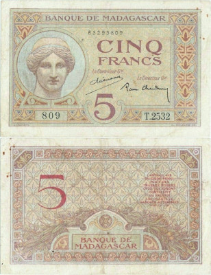 1937 , 5 francs ( P-35a.2 ) - Madagascar foto