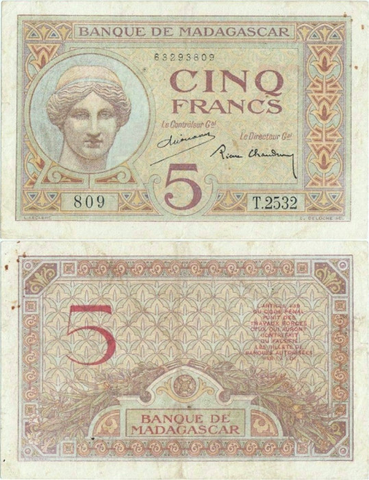 1937 , 5 francs ( P-35a.2 ) - Madagascar
