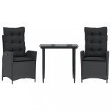 Set mobilier de gradina cu perne, 3 piese, negru, poliratan