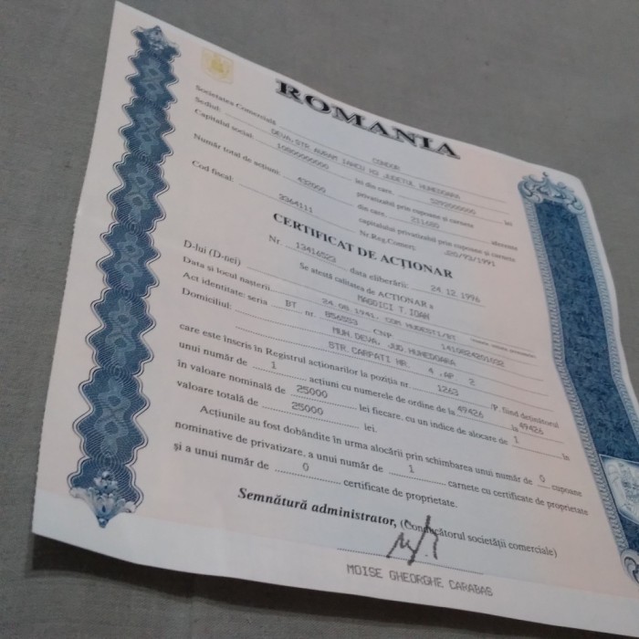 CUPON CERTIFICAT DE ACTIONAR LA CONDOR DEVA