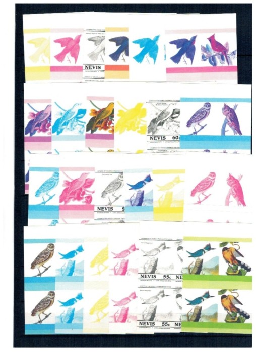 Nevis 1985 - Păsări, Audubon, probe progresive de culoare nedantelate