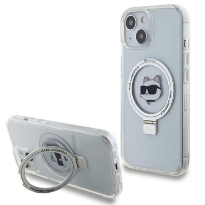 Husa pentru iPhone 15 Plus / iPhone 14 Plus - Karl Lagerfeld Hardcase Ring Stand MagSafe (KLHMP15MHMRSCHH) - White Choupette Head foto
