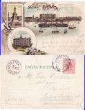 Constanta, Dobrogea - Litografie 1898- Portul, Statuia Ovidiu, Circulata, Printata