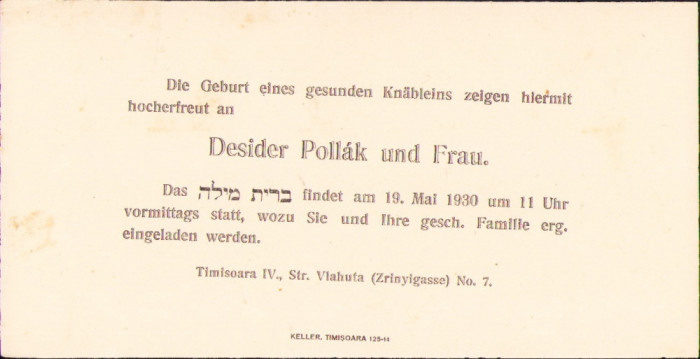 HST A881 Anunț naștere 1930 familia de evrei Pollak Timișoara